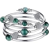 PEARL&CLUB Beaded Chakra Bangle Turquoise Bracelet - Fashion Jewelry Wrap Bracelet with Thick Silver Metal and Mala Beads, Birthday Gifts For Women