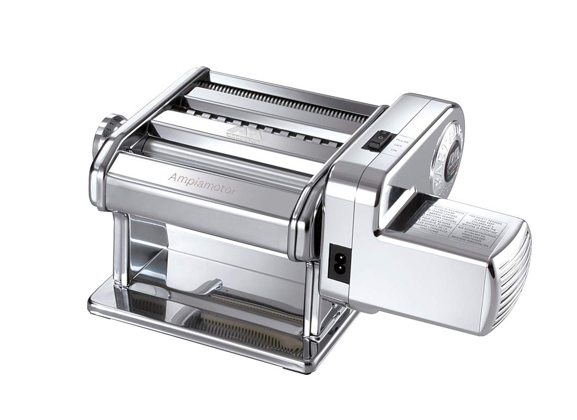 Photo 1 of MARCATO Made in Italy Ampiamotor 110V Pasta Machine, Chrome Steel. Set includes Ampia 150, handcrank, clamp, Pastadrive motor, and instruction manual.