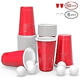 Beer Pong Cups, Ohuhu 50pcs Plastic Party Disposable Cups American Party Cups with 6 Beer Pong Set for Party Christmas Holiday Drinking Games 16oz/473ML