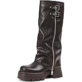 Phefarer Women's Knee High Fold Over Boots Chunky Platform Lug Sole Comfortable Leather Round Toe Goth Moto Combat Dress Boots for Women