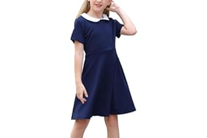 GORLYA Girl's Short Sleeve Casual Vintage Peter Pan Collar Fit and Flare Skater Party Dress with Pockets 4-12 Years