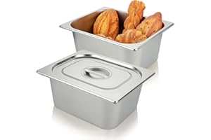 LANIAKEA 2PCS 1/2 Half Size Stainless Steel Hotel Pan with Lid, 6" Deep Restaurant Steam Table Pans Anti Jam Steam Pan Hotel Pan Trays for Food, Home, Party, Restaurant, Hotel, Buffet