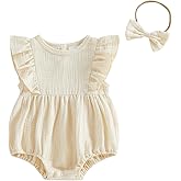Douhoow Infant Baby Girl Summer Clothes Flying Sleeve Crew Neck Baby Girl Romper with Bow Headband