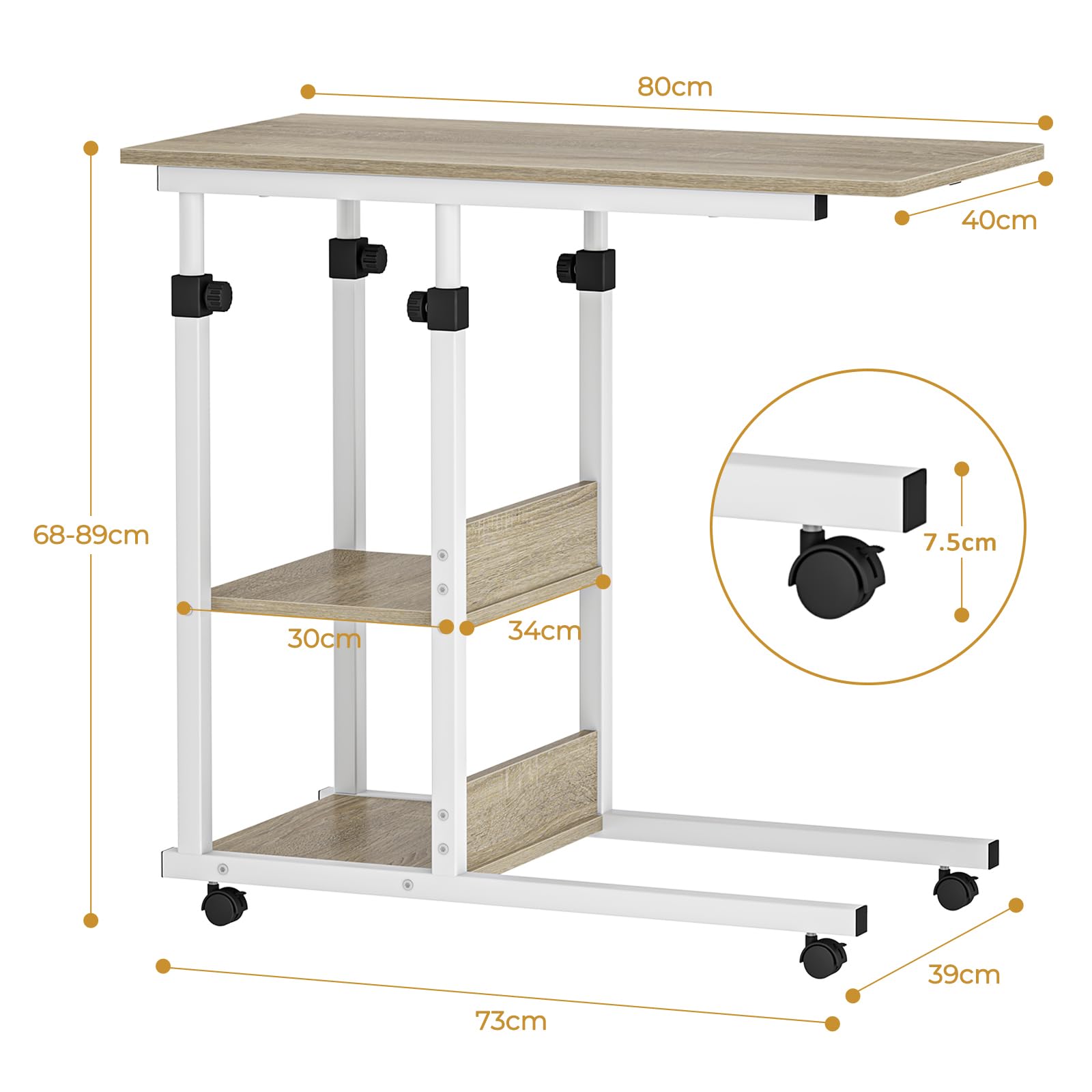 Dripex Beistelltisch mit Rollen Pflegetisch Höhenverstellbar, Schreibtisch aus Holz, Sofatisch Nachttisch Kaffeetisch Schlafzimmer, Laptoptisch Wohnzimmer, Beige 5