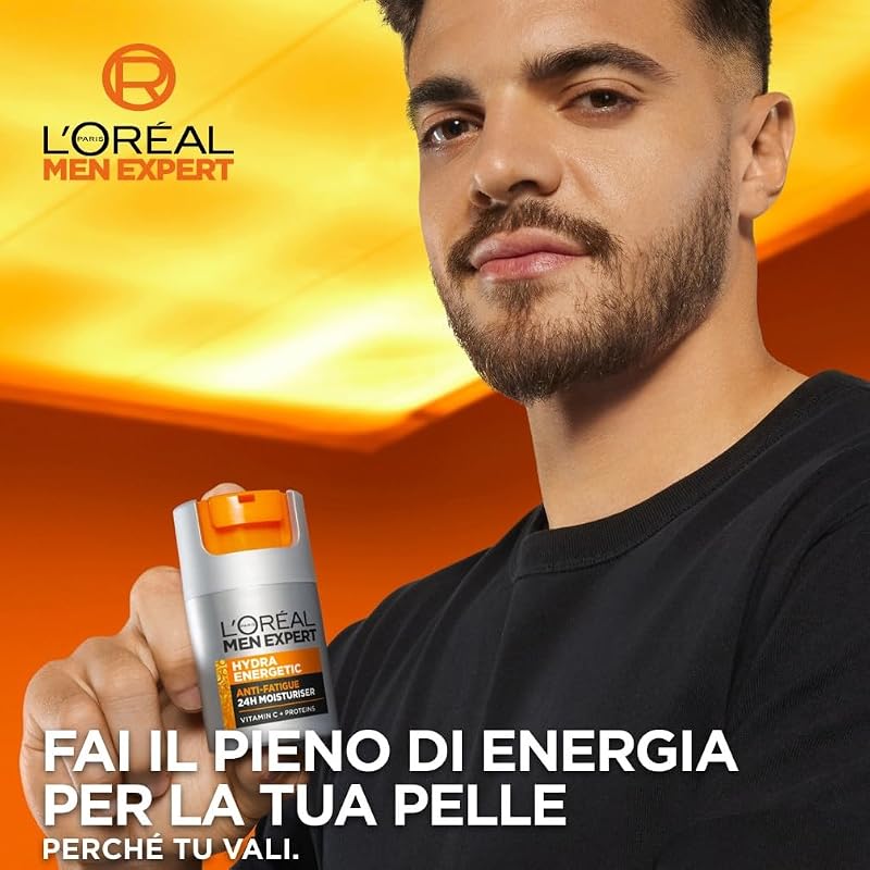 L'Oréal Paris Men Expert Crema Idratante Anti-Fatica Uomo, Pelle Rivitalizzata, Levigata e Idratata, Occhiaie e Rughe Sottili Ridotte, Arricchita con Proteine e Vitamina C, Hydra Energetic, 50 ml