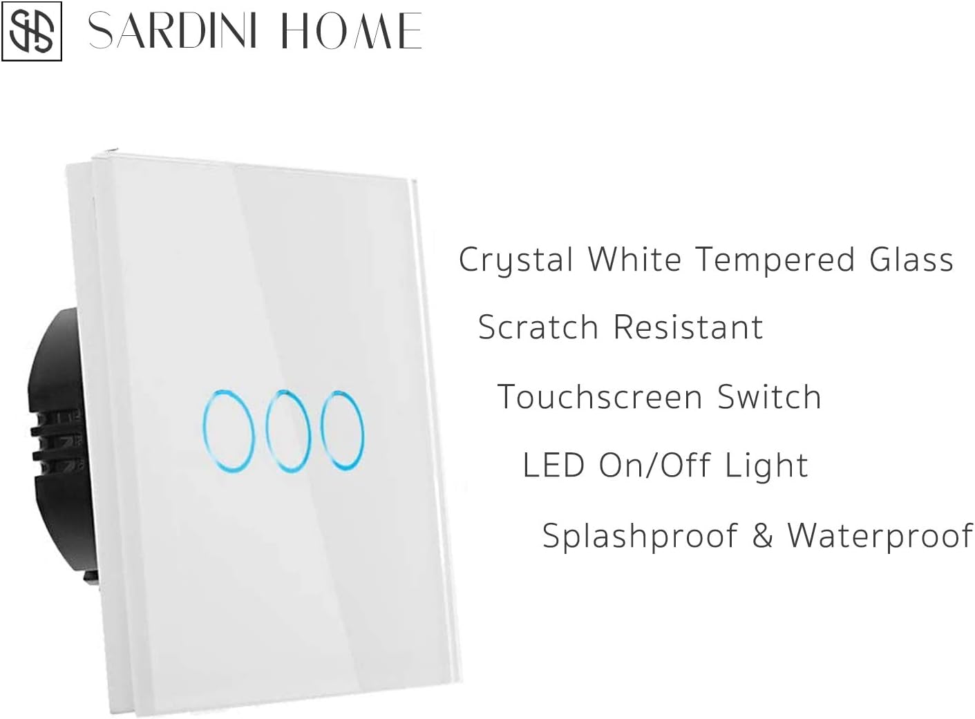 Sardini Home Bianco White Tempered Glass UK Touch Screen Single Wall Light Switch - 3 Gang 1 Way with Responsive LED On/Off Indicator - Image 4