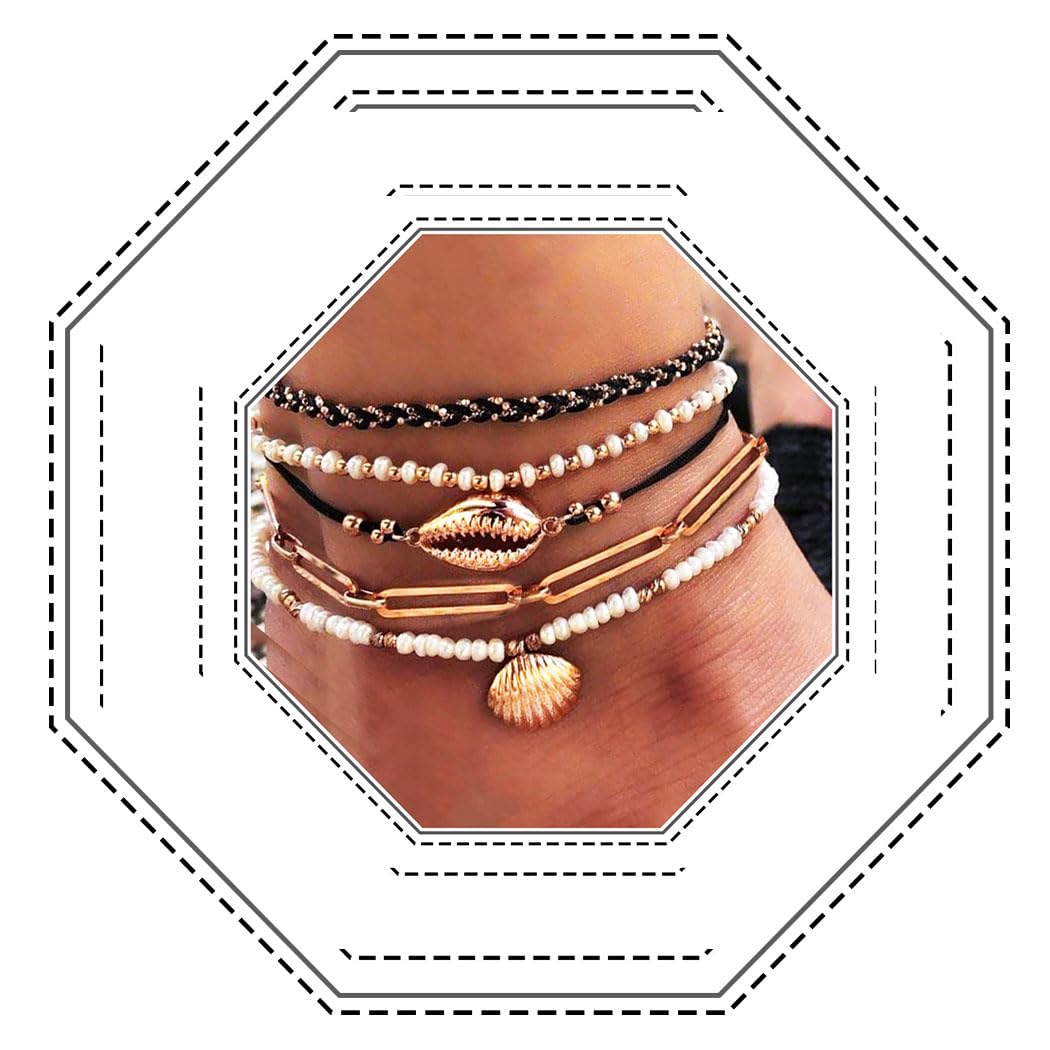 Jovono Boho Layered Beaded Anklets Sea Shell Ankle Bracelet Beach Pearl Foot Jewelry for Women and Girls（5pcs）