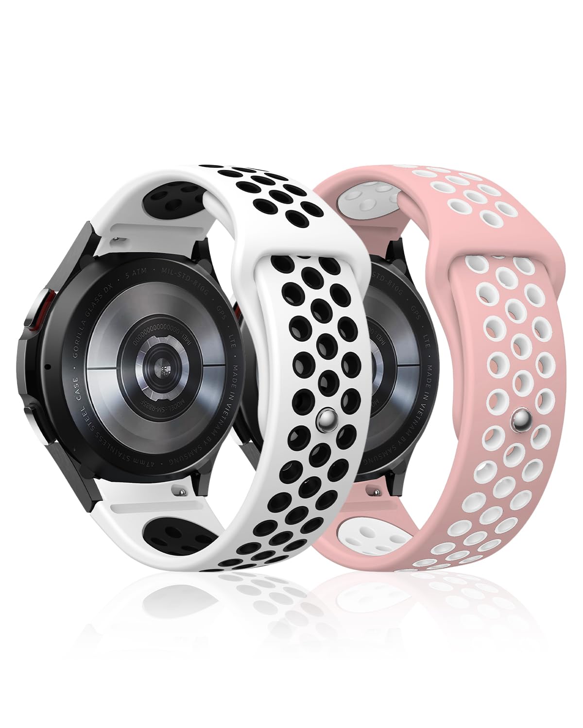2 Pack No Gap Bands Compatible with Samsung Galaxy Watch 7 6 5 4 FE Band 40mm 44mm/Galaxy Watch 6 Classic 47mm 43mm/Watch 5 Pro 45mm/4 Classic 46mm 42mm, 20mm Two Tone Silicone Sport Strap Women Men (White Black/Pink White)