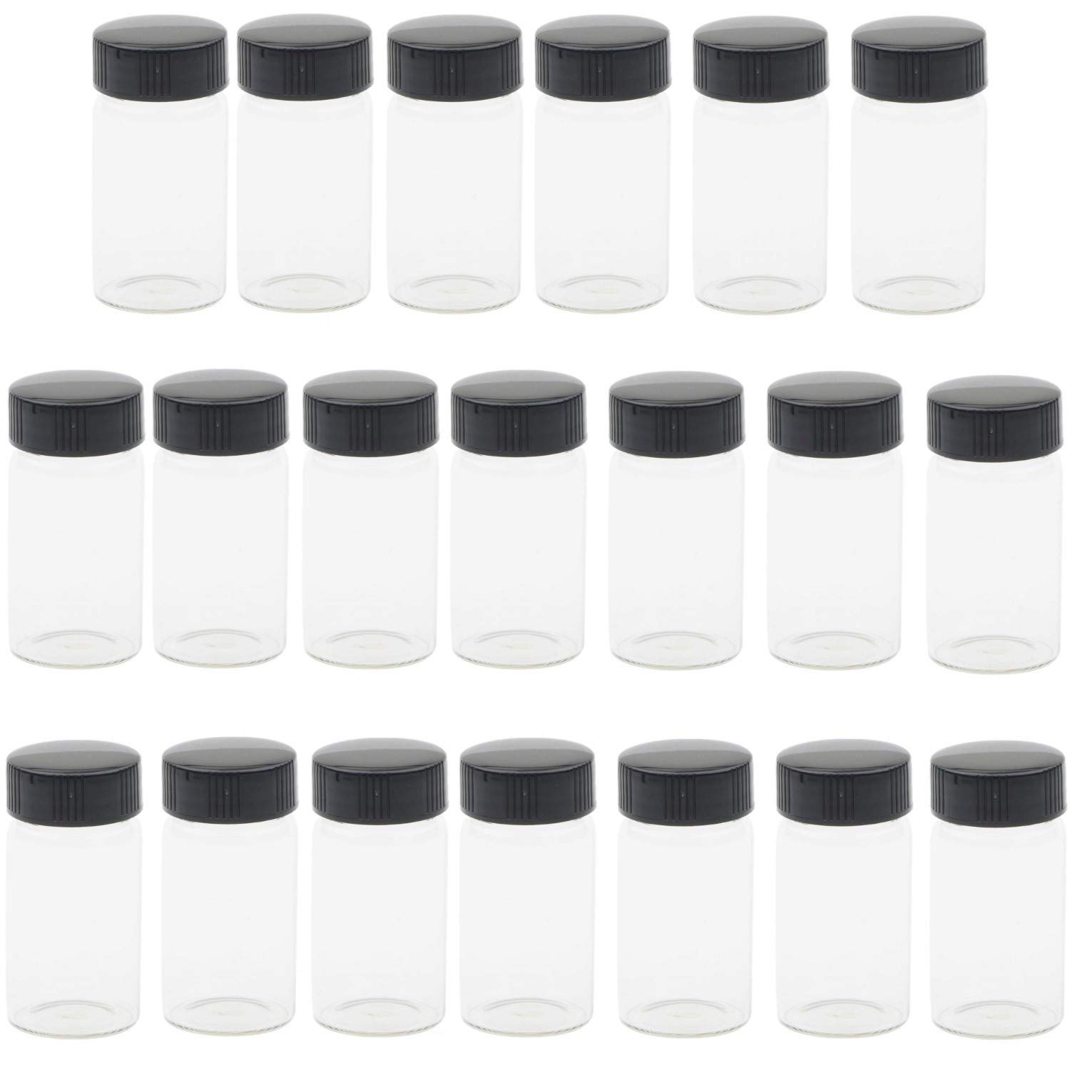 KAHEIGN 20Pcs Clear Glass Vials, 20ml 2/3 Oz Sample Glass Bottles with Plastic Screw Black Cap Transparent Lab Vials Container