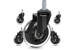 Replacement Office Chair Caster Wheels by 8T8, Set of 5, Rubber Chair Casters with Threaded Stem 3/8''-16X1(NOT Metric M10), Quiet and Smooth Gliding,Safe for Woood Hardwood Carpet Floors