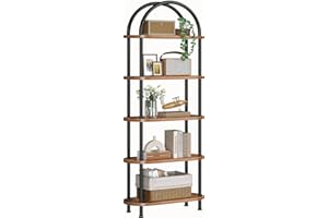 HOOBRO Arched Bookshelf, Industrial 5 Tier Open Bookcase Display Shelf Racks, Wooden Bookcase Storage Shelves Metal Frame, Ta