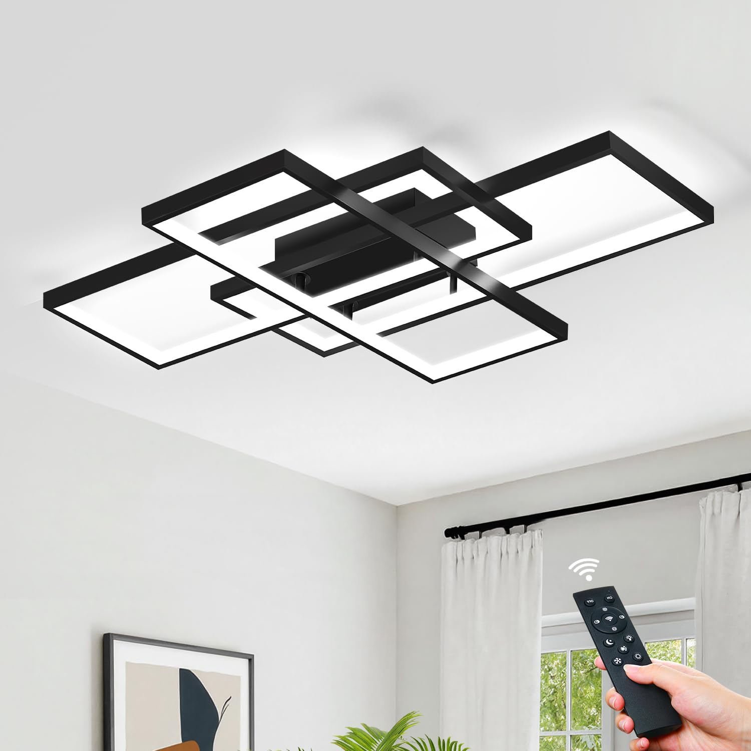 Photo 1 of Modern LED Ceiling Light Fixture, 22" Dimmable Close to Ceiling Light with Remote Control Black Flush Mount Chandelier Lighting Fixture, 3 Square Ceiling Lights for Kitchen Bedroom Living Dining Room