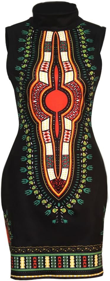 Women's Dashiki Traditional African Print Dresses High Collar Sleeveless Dress