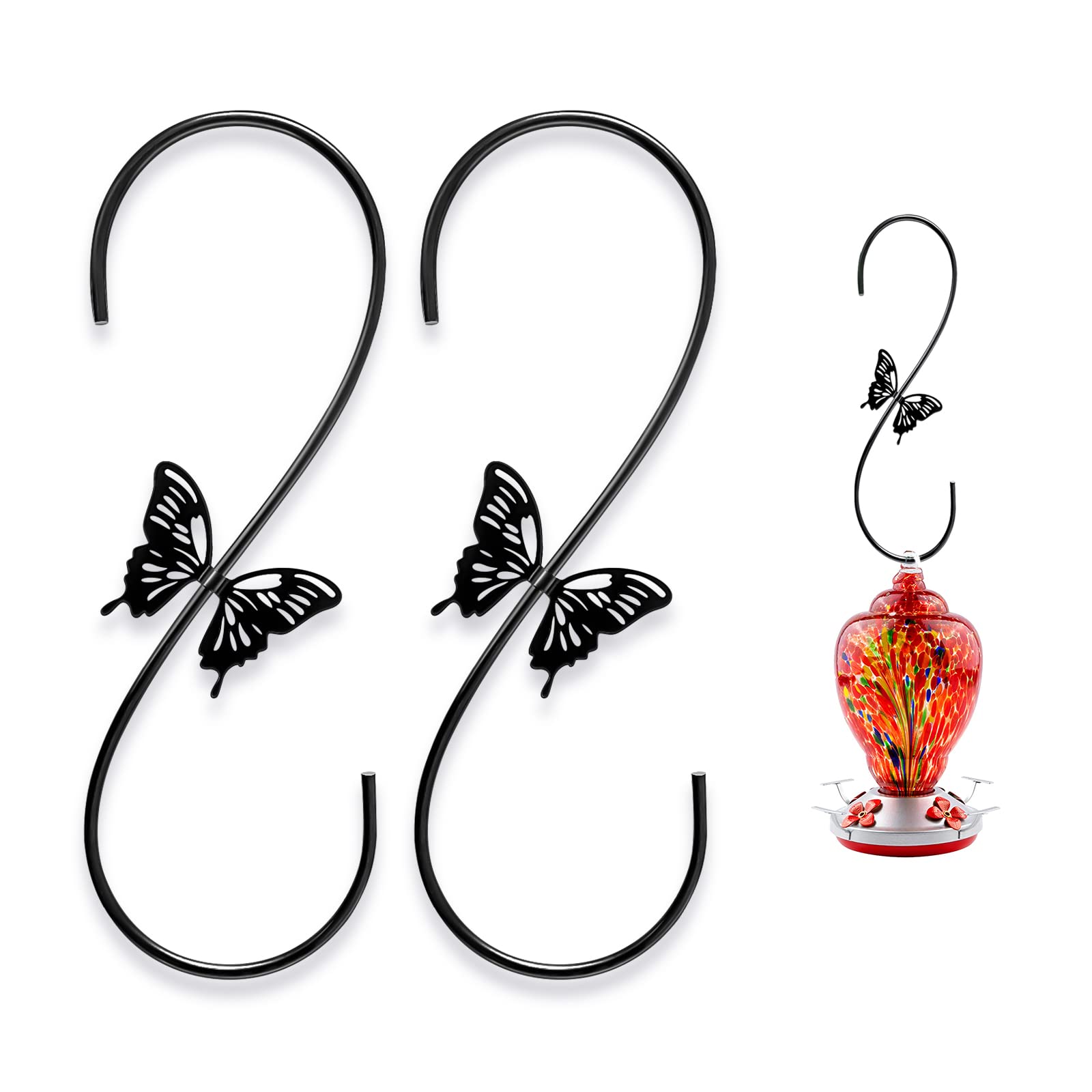 TopWoot Attractive Bird Feeders Hanger 12-Inch, 2PCS Metal Hummingbird Feeders Hook, Outdoor Steel S Hook with Butterfly Design, for Hanging Plant, Wind Chimes, Lanterns (Black)