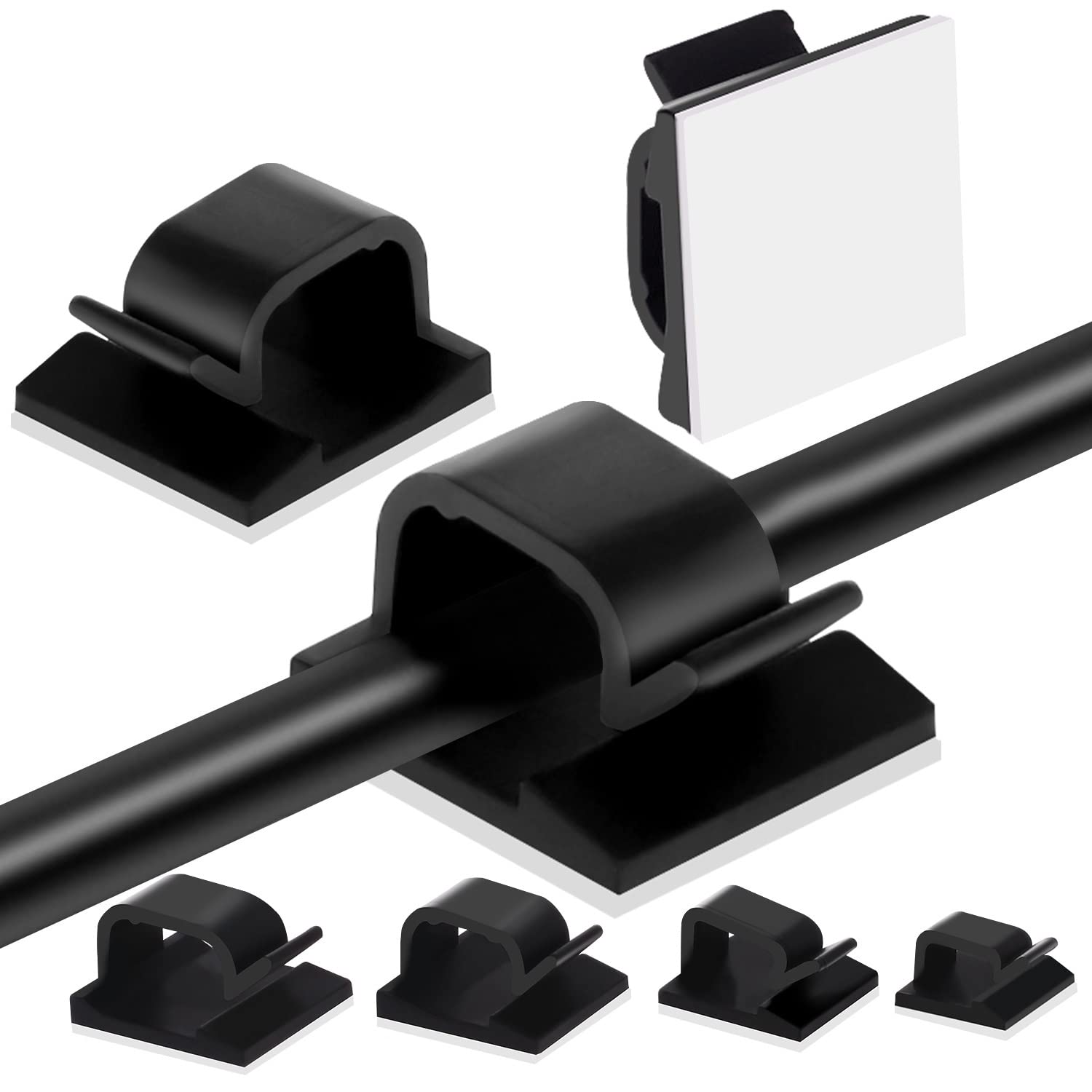Adhesive Cable Management Clips, 60pcs Adhesive Clips, Plastic Cable Organisers Sticky Wire Clips Wire Cord Holder, 4 Sizes (BLACK)