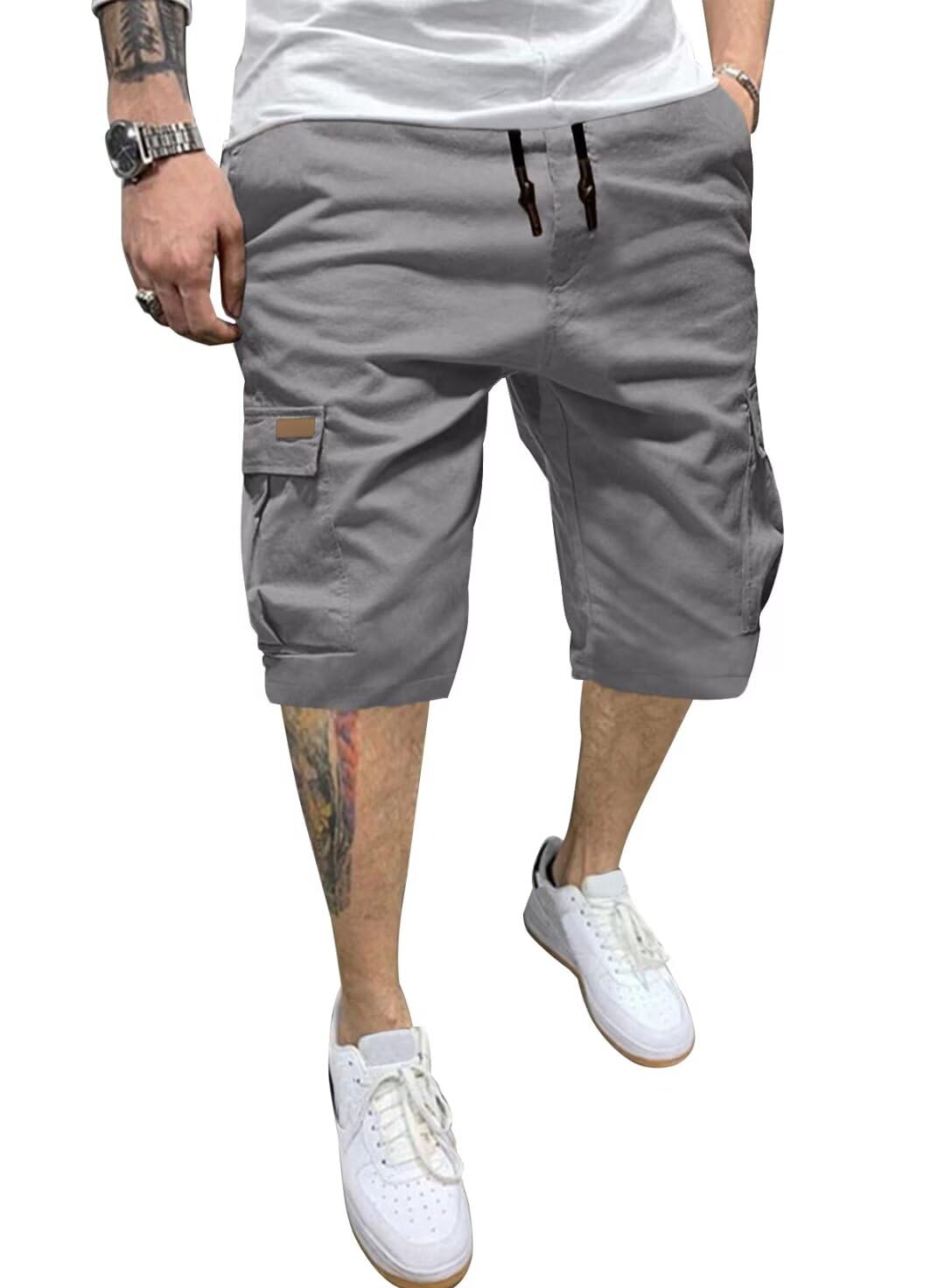 Photo 1 of Dokotoo Men Mens Hiking Pants Linen Casual Relaxed Fit Stretch 7 inch Jean Drawstring Denim Knee Length Beach Hiking Cargo Shorts Gray 38