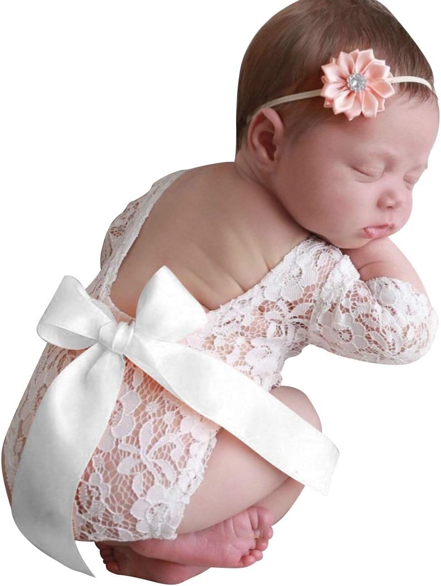Newborn Baby Girls Photography Props Photo Shoot Lace Romper Bodysuit Romper and Flower Headband Outfits