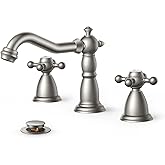 FORIOUS Brushed Nickel 3 Hole Bathroom Sink Faucets 2 Cross Handles, 8 Inch Widespread Antique Brass Viantage Bathroom Faucet for RV Vanity Farmhouse with Metal Pop Up Drain and Supply Lines
