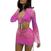 SHESEEWORLD Women's Sexy Long Sleeve 2 Pieces Sheer Mesh Cover Up Dress Crop Top Bodycon Ruched Y2K Mini Skirt Sets