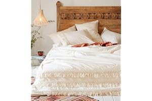 FLBER White Duvet Cover Queen Fringed Cotton Tassel Duvet Cover Quilt Cover Full Queen, 86inx90in