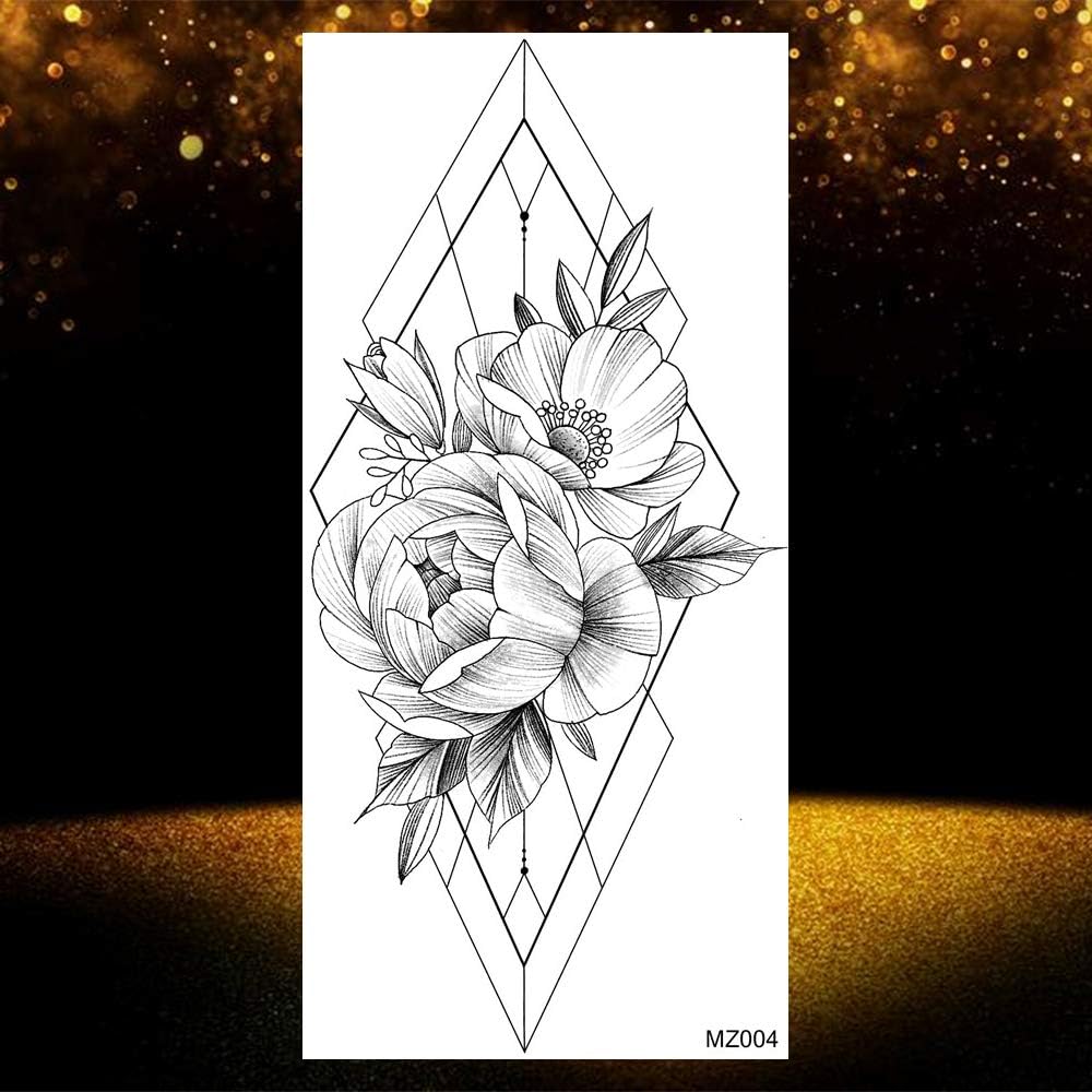 LAROI 8 Sheets Large Rose Peony Flower Temporary Tattoos Adults Women Black  Geometry Rose Waterproof Fake Tattoo Stickers Girls Minimalist Delta  Triangle Body Art Arm Legs Diamond Geometric Tatoos – BigaMart, image size:1000x1000