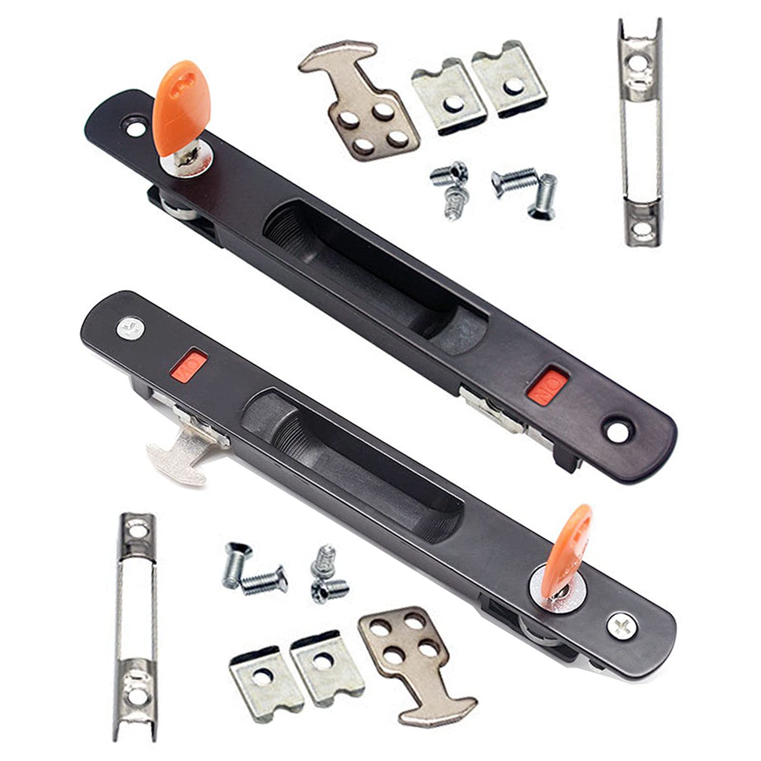 ZHEHUA 2-Pack Sliding Door Lock with Key - Single Sided Hook Lock, Aluminum Alloy Flush Mount Handle for Patio/Barn/Glass Doors & Windows, Black (Includes 2 Keys & 3 Accessory Kits)