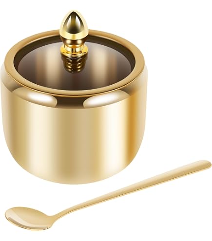 10.5oz Gold Stainless Steel Sugar Bowl With Lid & Spoon - Drum Shape, Glass Lid, 300ml - View #7