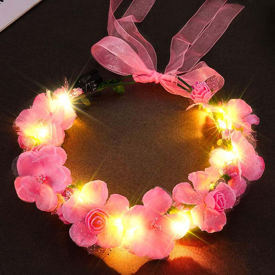 Fashband Light Up Flower Headbands LED Floral Crown Hair Wreath Bridal Headband Garland Headpiece Festival Headdress for Women (B)