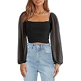 Wenrine Womens Mesh Long Sleeve Crop Tops Night Going Out Square Neck Off The Shoulder Ruched Shirt Blouses Dressy Casual