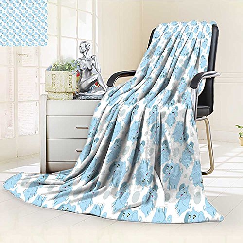 YOYI-HOME Throw Duplex Printed Blanket Elephant Nursery Happy Smiling Elephants Kids Pattern with Dots Sky Blue Baby Blue White Velvet Plush Throw Blanket /W59 x H86.5