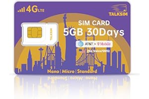 TALKSIM Data SIM Card 5GB 30Days Support AT&T, T-Mobile, 4G LTE Cellular SIM USA Card Compatible with Unlocked Security Camera/Router/Mobile WiFi Hotspot/GPS Tracker/Tablet iot Devices