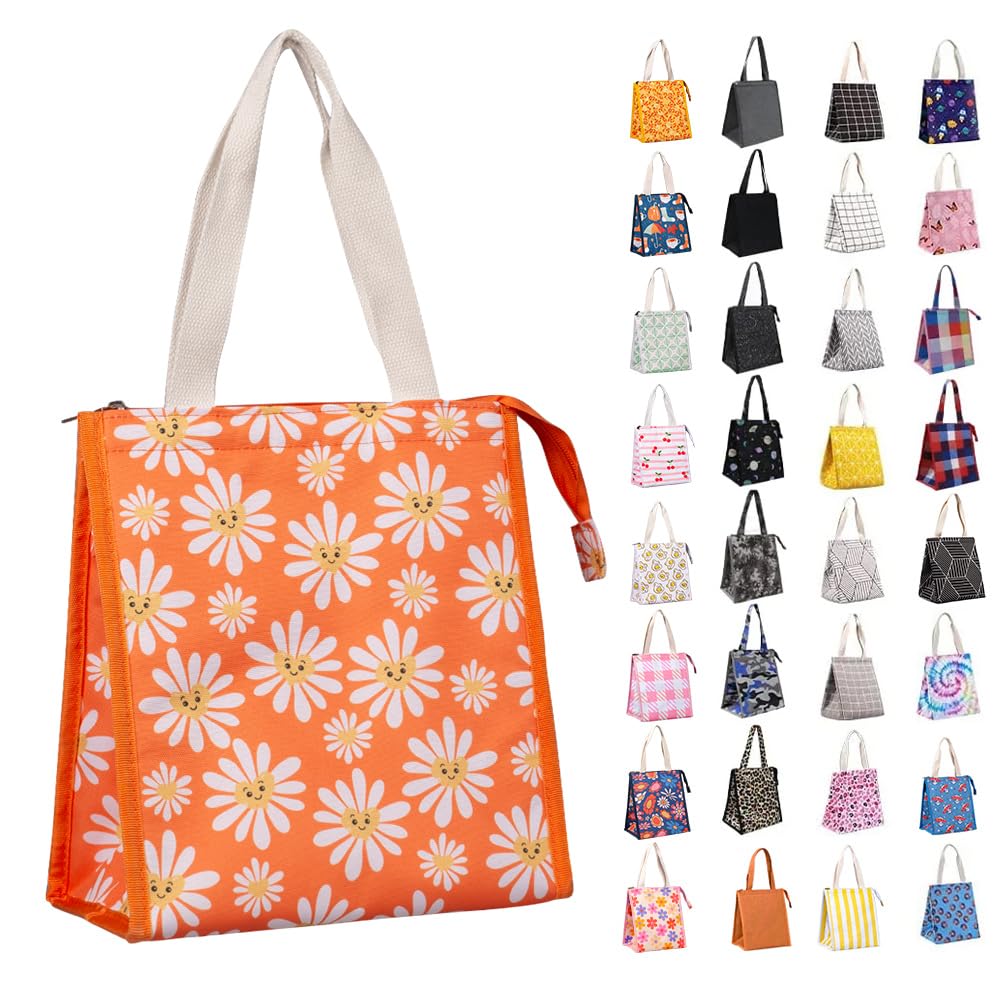 iknoe Insulated Lunch Bag for Women, Durable Wide-Open Foldable & Portable Lunch Tote with Interior Pockets, Water-Resistant Thermal Lunch Cooler for Adults Picnic Beach (Daisy)