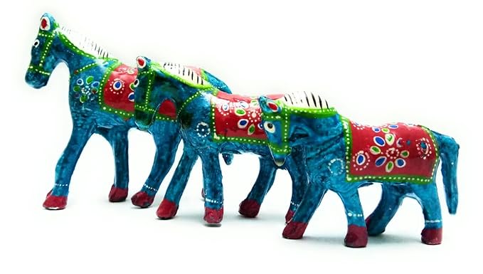 DreamKraft Paper Mache Handcrafted Set of 3 Horse Showpiece for Home Decor and Gift Purpose-SkyBlue