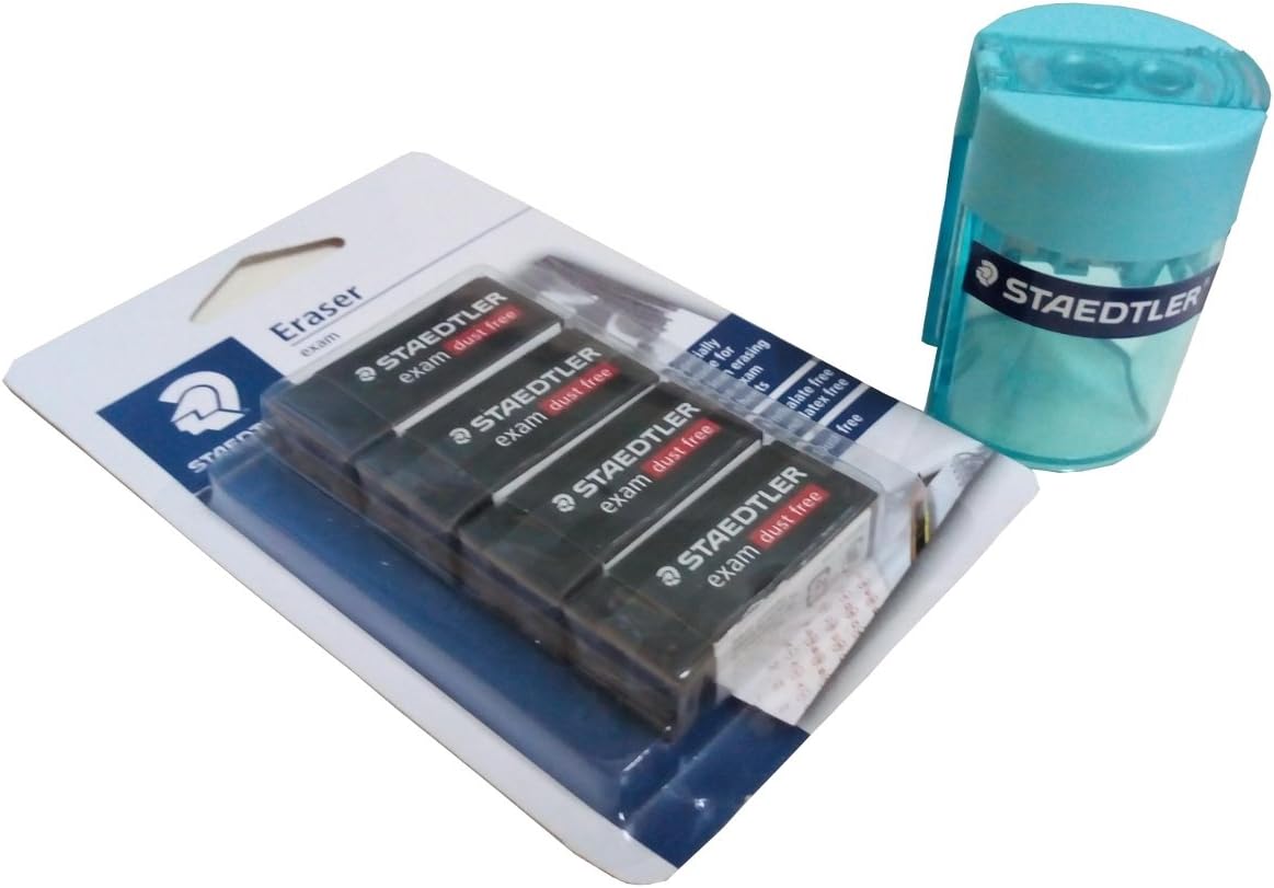 Staedtler Double-Hole Tub Sharpener & 4pcs Exam Grade Black Eraser Bundle