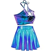 SFBBCLOZ Women's Rave Outfit Sets For Women Festivals 2 Pcs Metallic Tops long Skirt EDM Party Club Holographic Rave Outfits