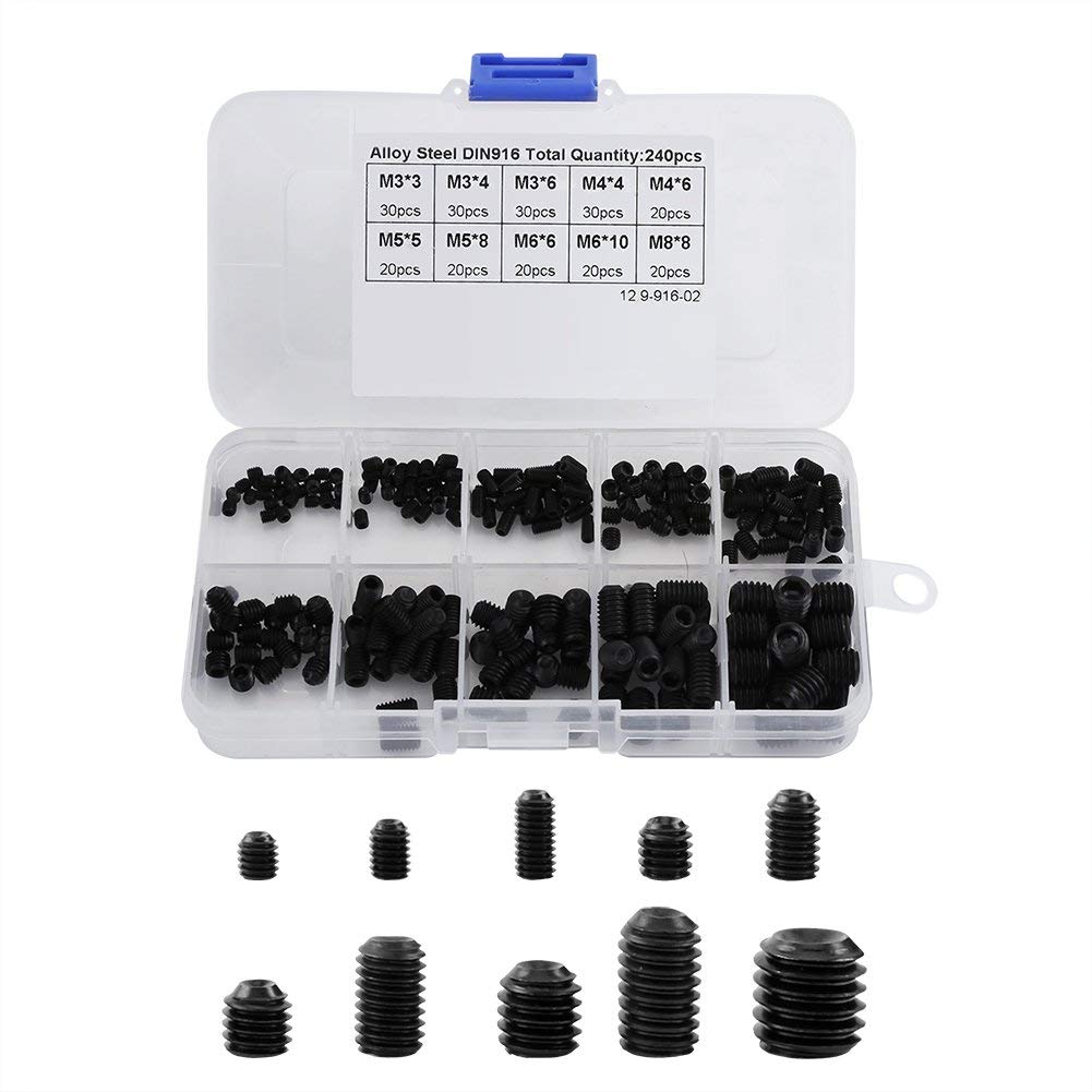 Pack of 240 Pcs DIN916 M3-M8 Black Color Alloy Steel Hex Grub Screws Head Nuts Thread Cup Point Machine Fastener Assortment Kits