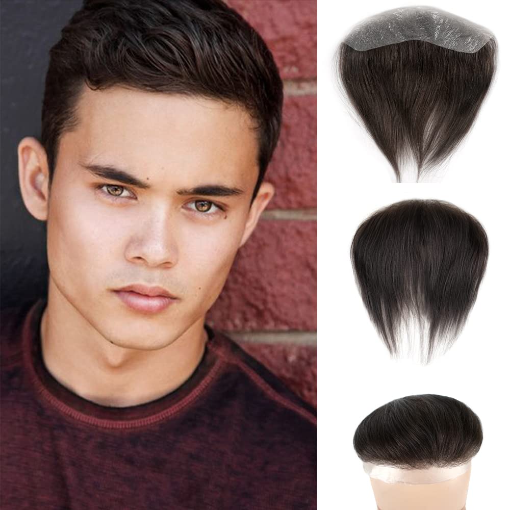 Lordhair V-Shape Frontal Hairpiece for Men, Natural Human Hair System with PU Thin Skin for Receding Hairline Coverage