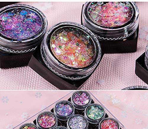 Holographic Chunky Glitter Gel Set - 9 Colors Cosmetic Festival Chunky Glitter for Body, Face, Hair, Nail, Crafts, Eyes, No need Glue for Halloween Party Makeup