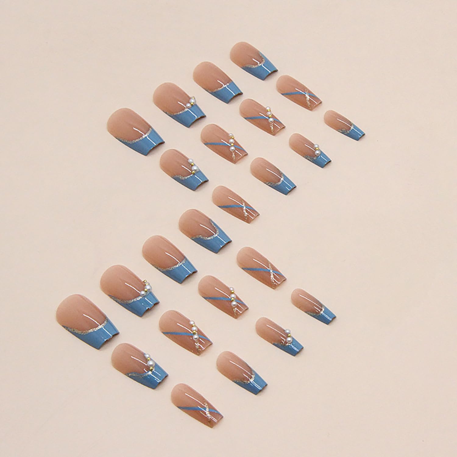 Blue French Press on Nails Medium with Pearl Design Cute Ballet Shaped False Nails Artificial Acrylic Coffin Nails Full Cover Reusable Fake Nails Nature Fit Stick on Nails Glue on Nails for Women - Image 3