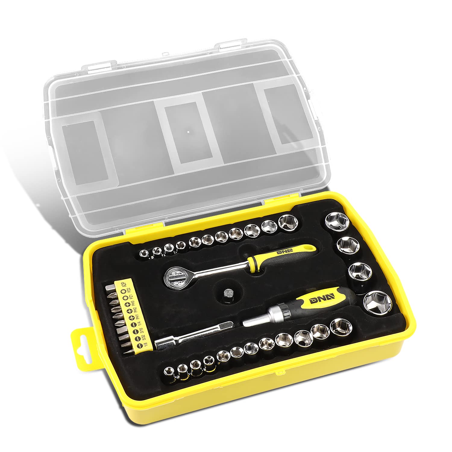 DNA MOTORING TOOLS-00036 Yellow Magnetic Replacement Screwdriver Socket Wrench Set for Furniture, Phone, Computer Repairs