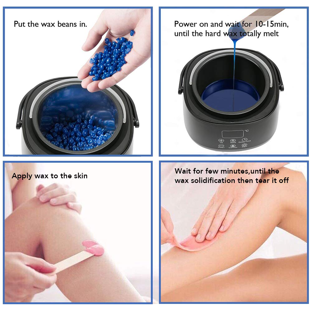 Wax Warmer Profession Electric Wax Heater Pot Waxing Kit Set Hair Removal for All Wax 6 Different Flavors Hard Wax Beans+20 Applicator Sticks LCD Digital Display Black