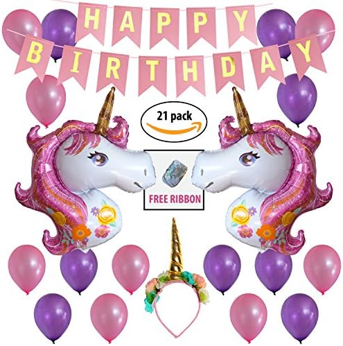 Unicorn Party Supplies - Happy Birthday Balloon Decorations - 21 Piece Set for Kids Unicorn Headband - Pink Gold Banner Gifts - Ribbon Included
