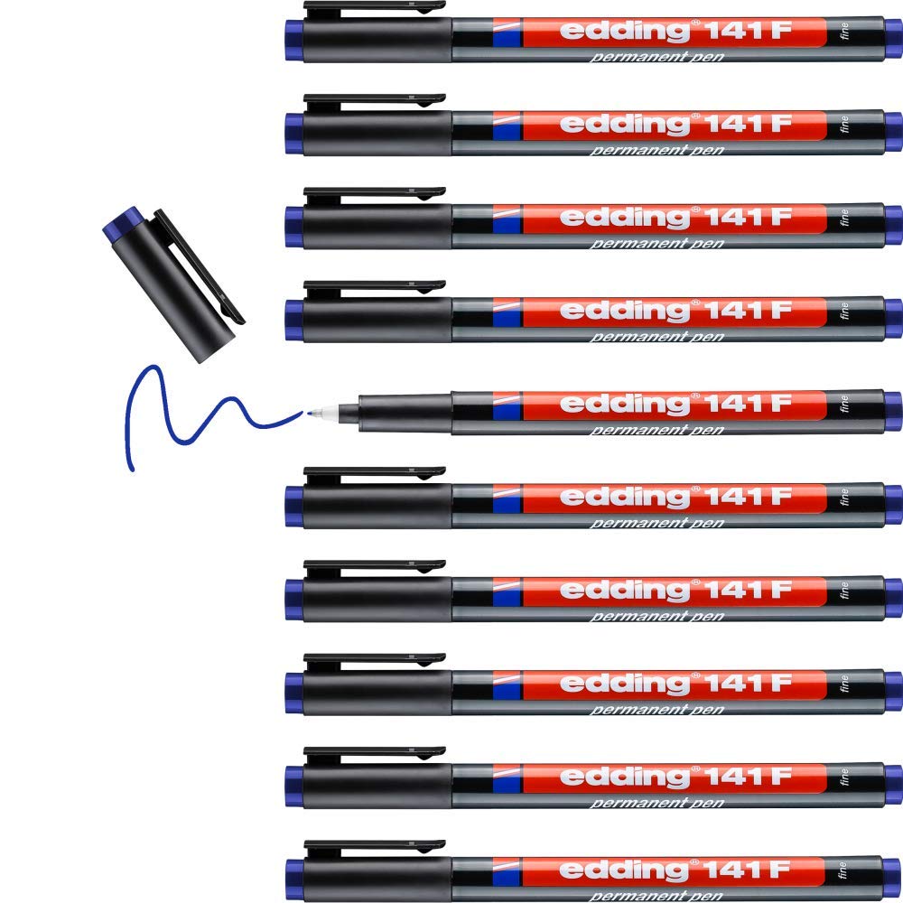 edding 141 F permanent pen - blue - 10 pens - round nib 0.6 mm - pen for writing on glass, plastic, foils and smooth surfaces - permanent, quick-drying, smudge-proof and waterproof