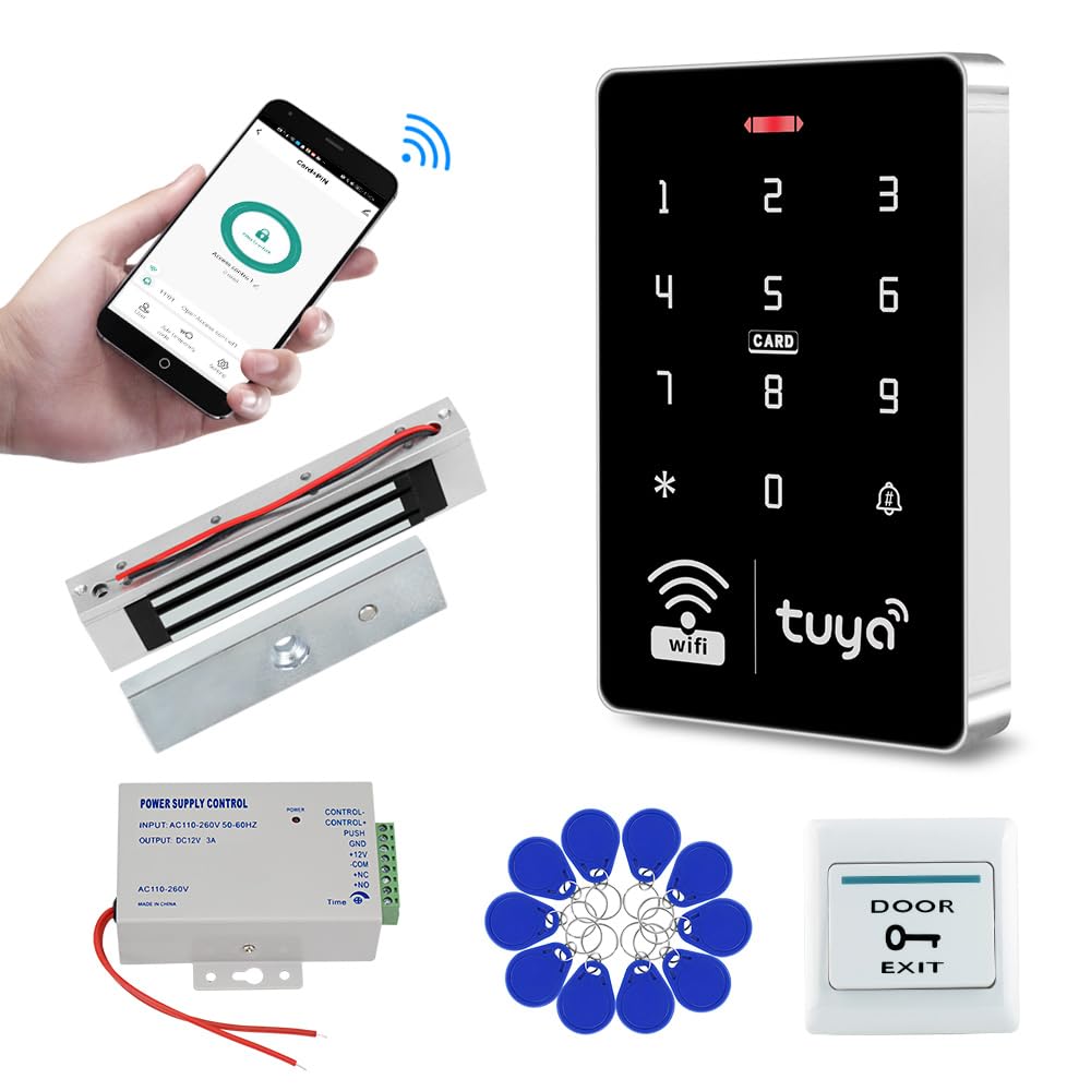 QTTYELOK Wifi Tuya Access Control System Kit Outdoor Waterproof RFID Access Controller Touch Keypad 125KHz 13.56MHz + 180KG Electric Magnetic Lock, Smart Phone APP Password Unlock