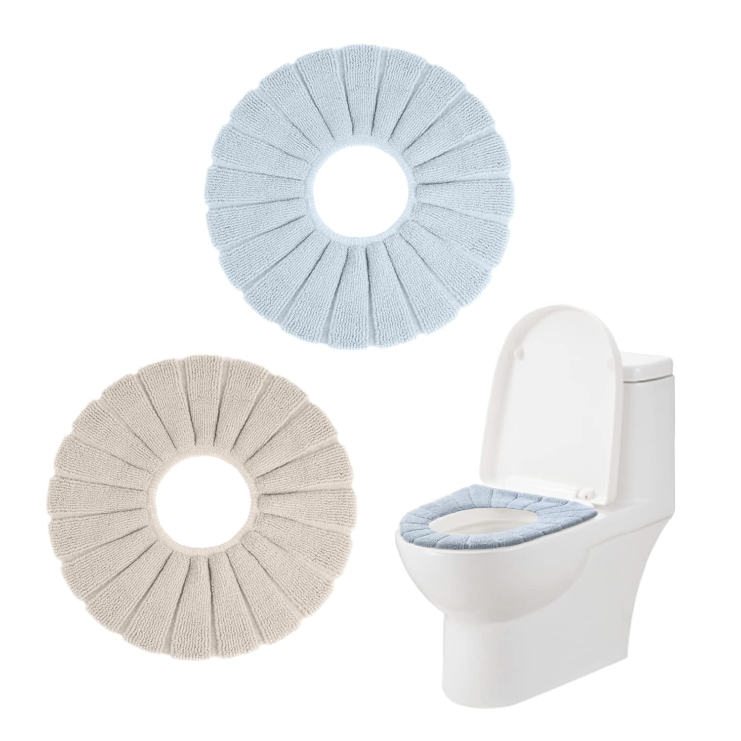 NINVVS 2 Pcs Toilet Seat Cover Cushion, Soft, Warm and Stretchable, Soft Toilet Seat Cushion, O-Shaped Knitted Toilet Washer (Beige, Blue)
