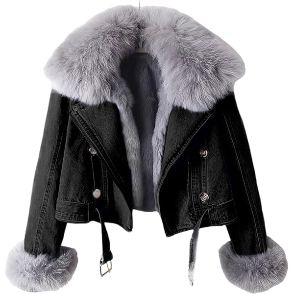 Women Denim Jacket with Fur Warm Fur Collar Rabbit Fur Lined Denim