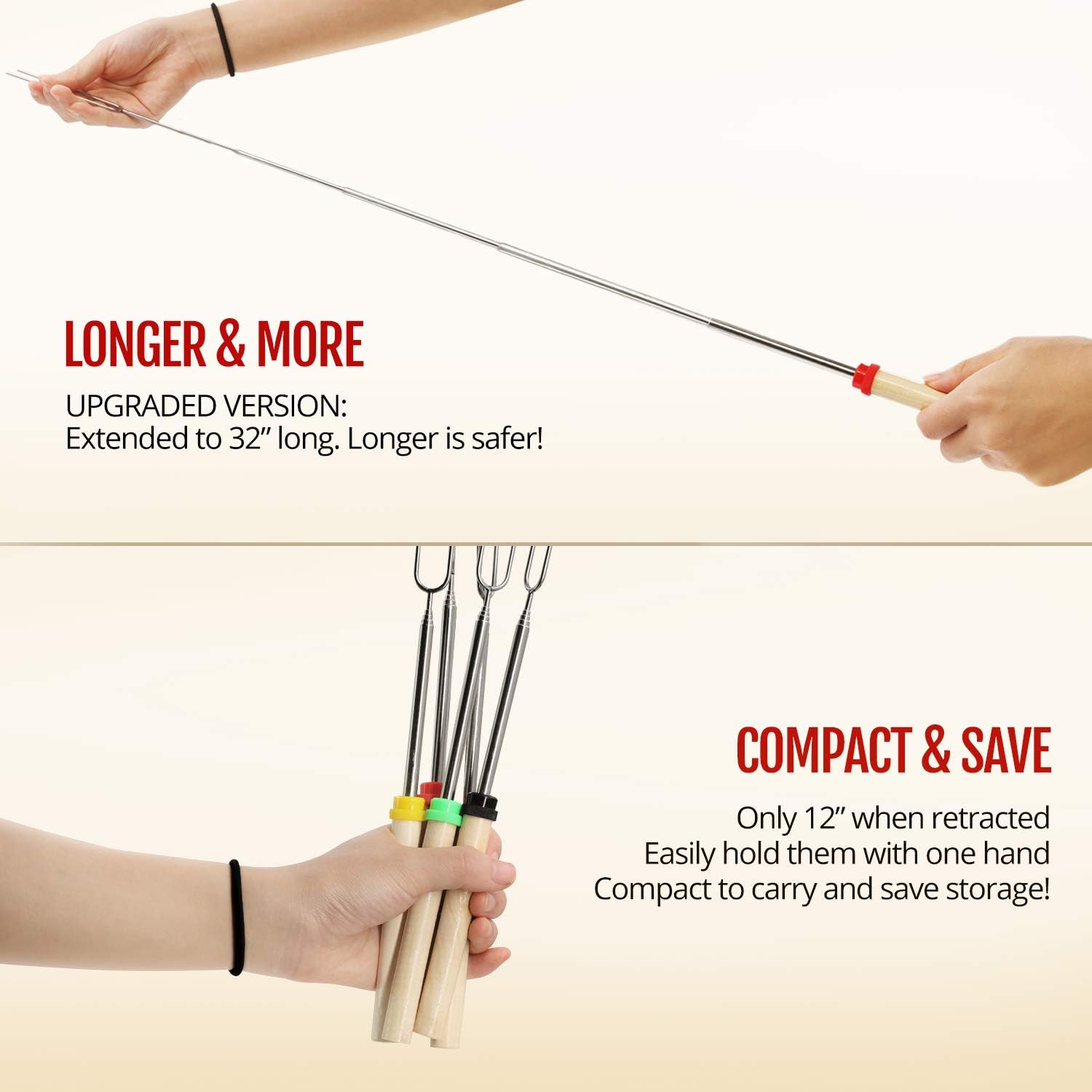 Betus Barbecue Forks for Outside Grill, Roasting Stick with 32 Inch Extra Extendable Metal and Wooden Handle - Telescoping BBQ Grill Kid Skewer Campfire Fork Tool for Fire Pit - Set of 5 Pcs : Garden & Outdoor