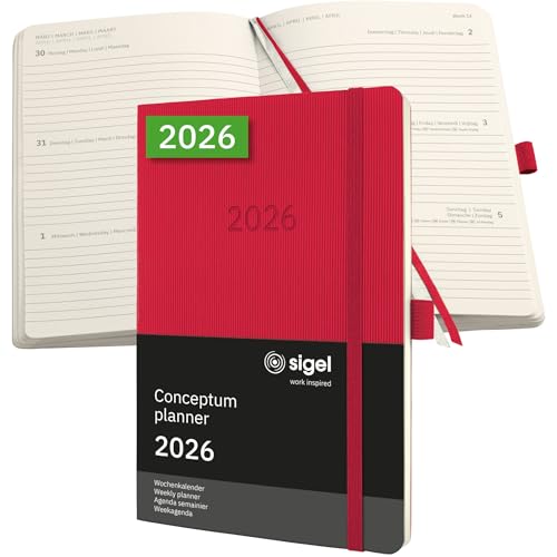 SIGEL C2634 Weekly planner Conceptum 2026-1 year - approx. A5 - red - 2 pages = 1 week - softcover - 80 gsm - 192 p. - PEFC-certified