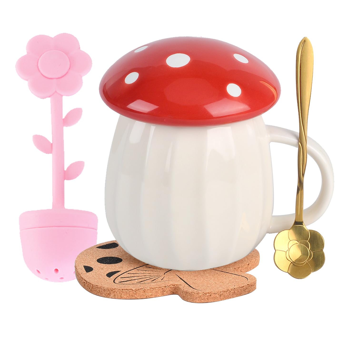 Mushroom Mug, Cute Coffee Mug with Lid, Flower Spoon and Mushroom Coaster, Kawaii Tea Cup with Tea Influser, Funny Mushroom Stuff for Milk, Gift for Women, Girl,Christmas, Birthdays — image 1