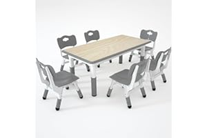 LulliSpace Kids Table and 6 Chairs Set，Height Adjustable Children Table & Chair，Toddlers Study Multi-Activity Table with 47.2"x23.6" Wipe-Clean Desktop，for Classrooms, Homes & Daycares
